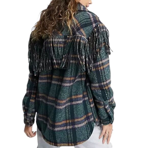 Blank NYC Jacket Women’s XL Green Plaid Shacket Fringe Button Down Pockets - Picture 14 of 16